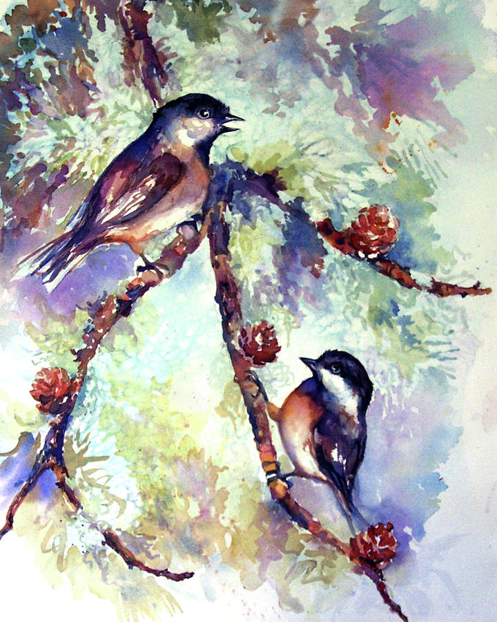 Bird Painting - Chickadees on Twig by Peggy Wilson