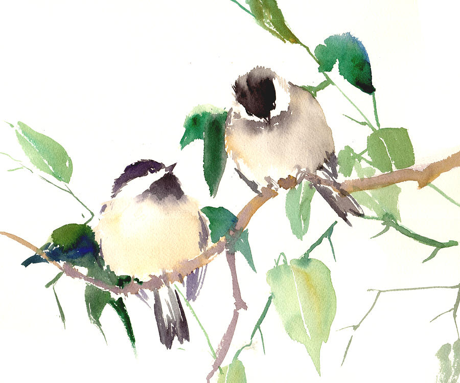 Chickadee Painting - Chickadees by Suren Nersisyan