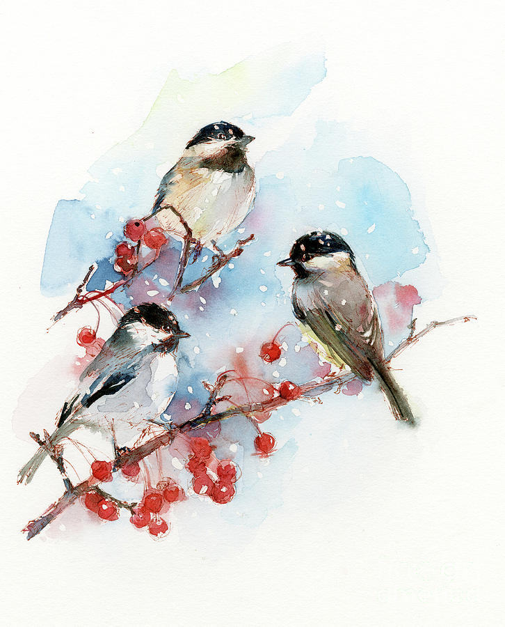 Chickadees with Berries Painting by John Keeling