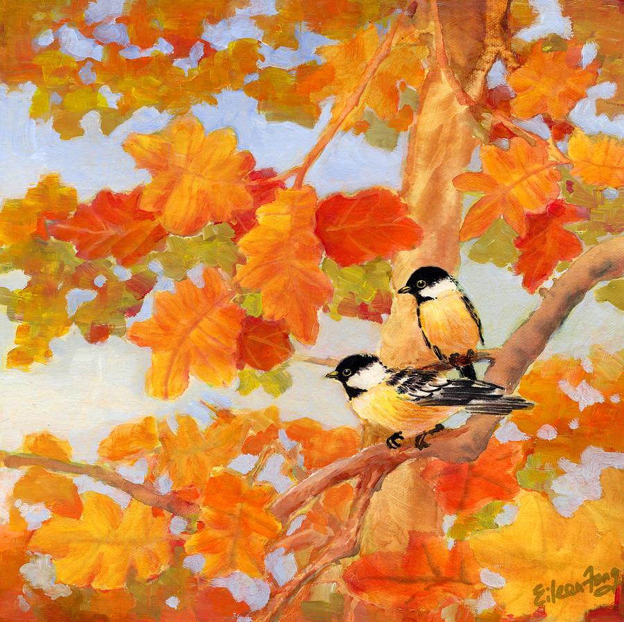 Chickadees with Oak Leaves Painting by Eileen  Fong