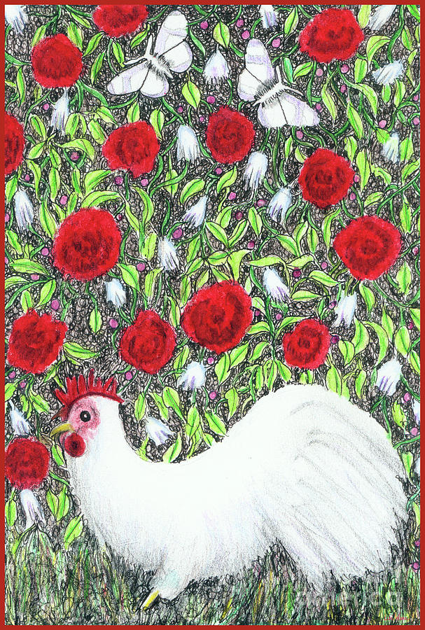 Chicken and Butterflies in the Flowers Painting by Lise Winne
