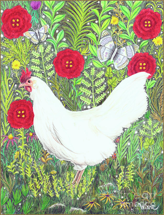 Chicken with Millefleurs and Butterflies  Painting by Lise Winne