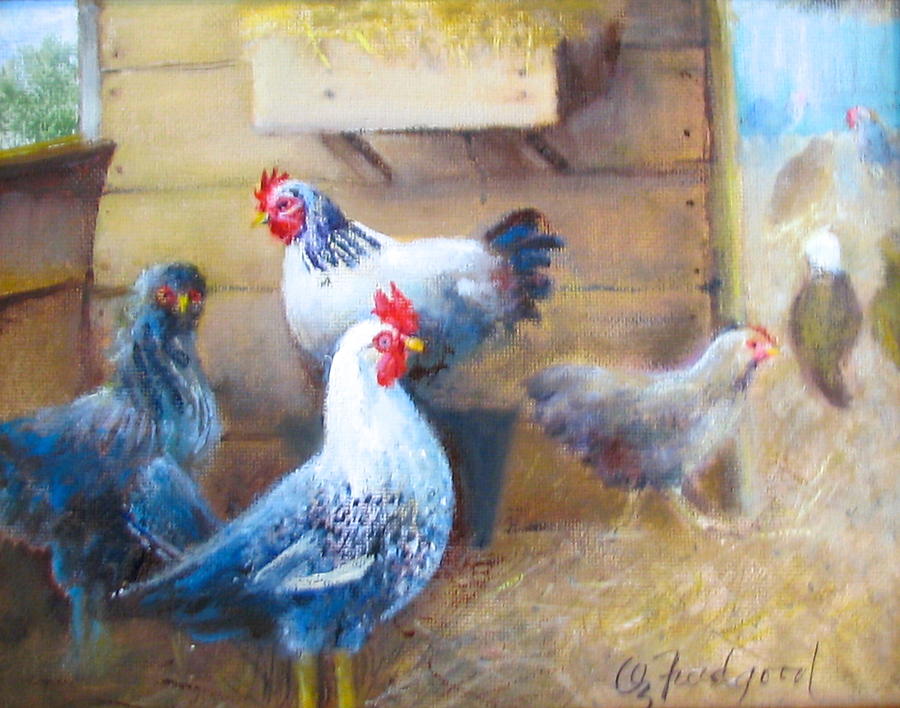 Chicken Painting - Chickens all cooped up by Oz Freedgood