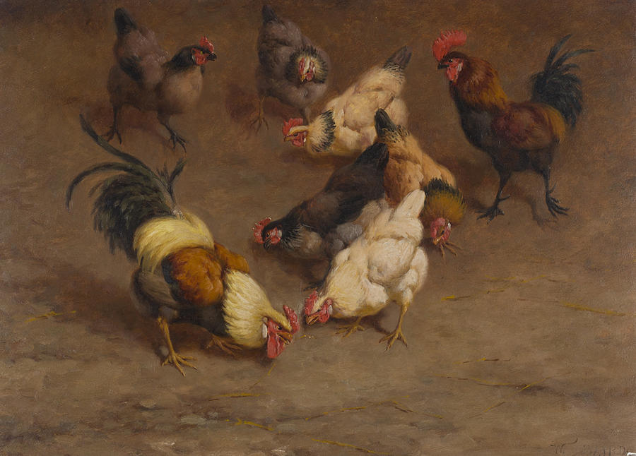Bird Painting - Chickens In A Farmyard by William Baptiste Baird