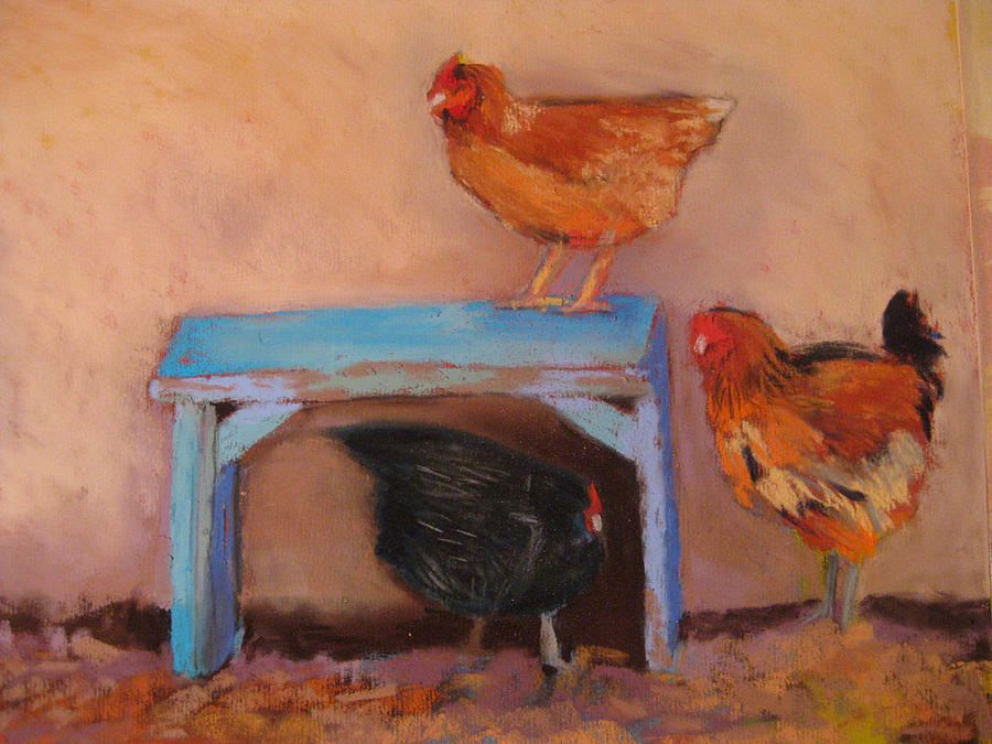 Chickens n Bench Pastel by Constance Gehring