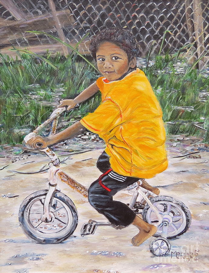 Chico y bicicleta Painting by Marilyn McNish