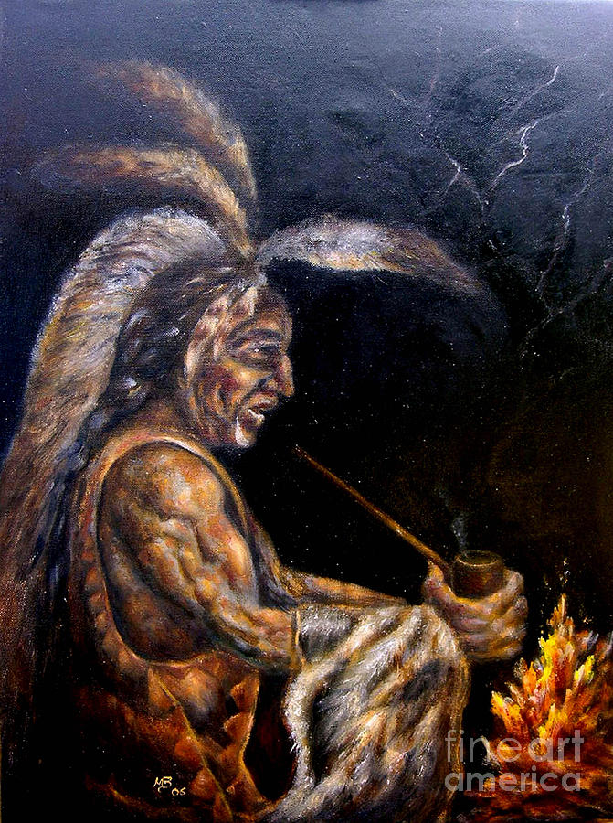 Portrait Painting - Chief at the Campfire by MM Zurahov