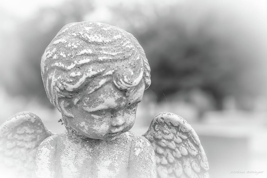 Child Angel with Wings, Cemetery Angel Black and White Photograph by Melissa Bittinger