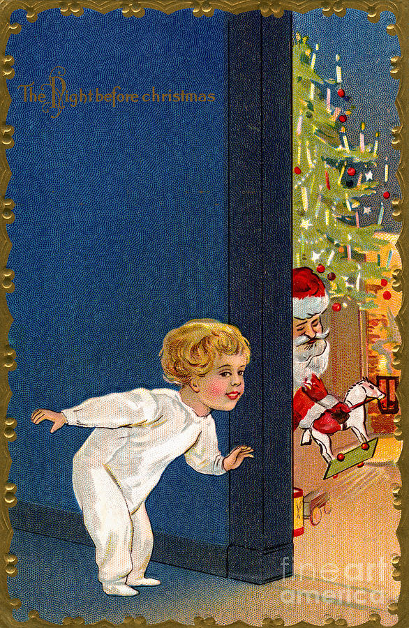 Child Listens as Santa Places Gifts by the Tree on Christmas Eve Painting by American School