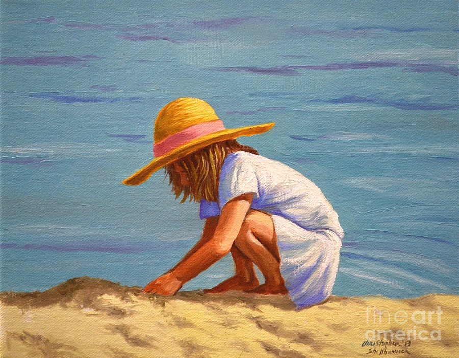 Child playing in the sand Painting by Christopher Shellhammer