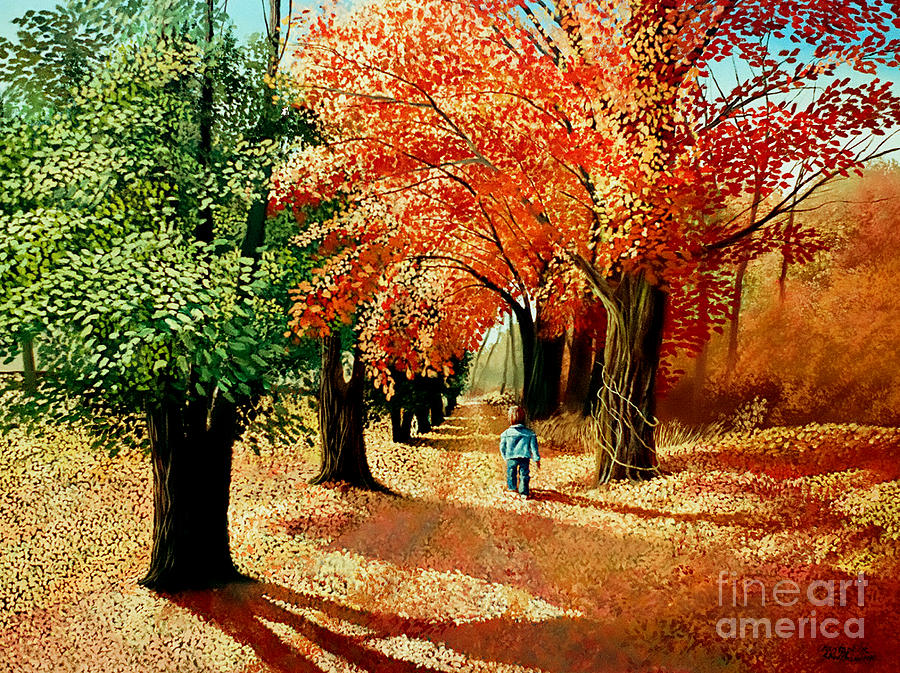 Child walking into the Autumn Forest Painting by Christopher Shellhammer