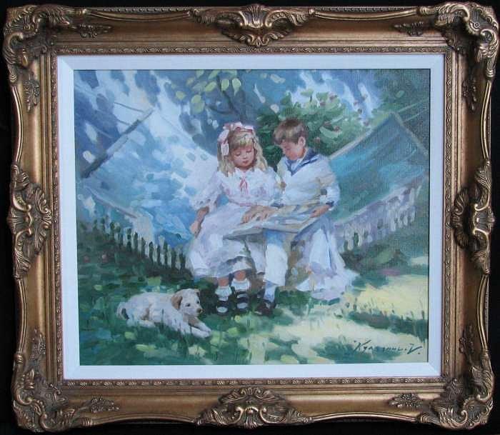 Children and Dog in Summer Painting by Krassouline Children and Dog in Summer Painting by Krassouline