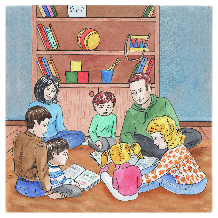 Children And Parents Reading Painting