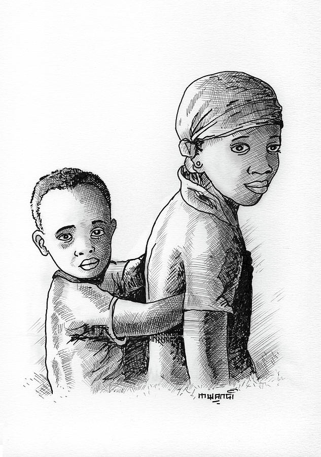Black And White Mixed Media - Children by Anthony Mwangi