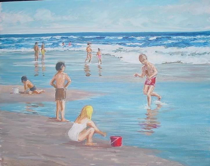 Children at the beach Painting by Perrys Fine Art