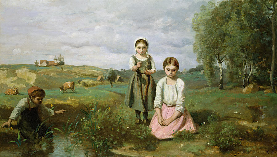 Cow Painting - Children beside a brook in the countryside, Lormes by Jean Baptiste Camille Corot