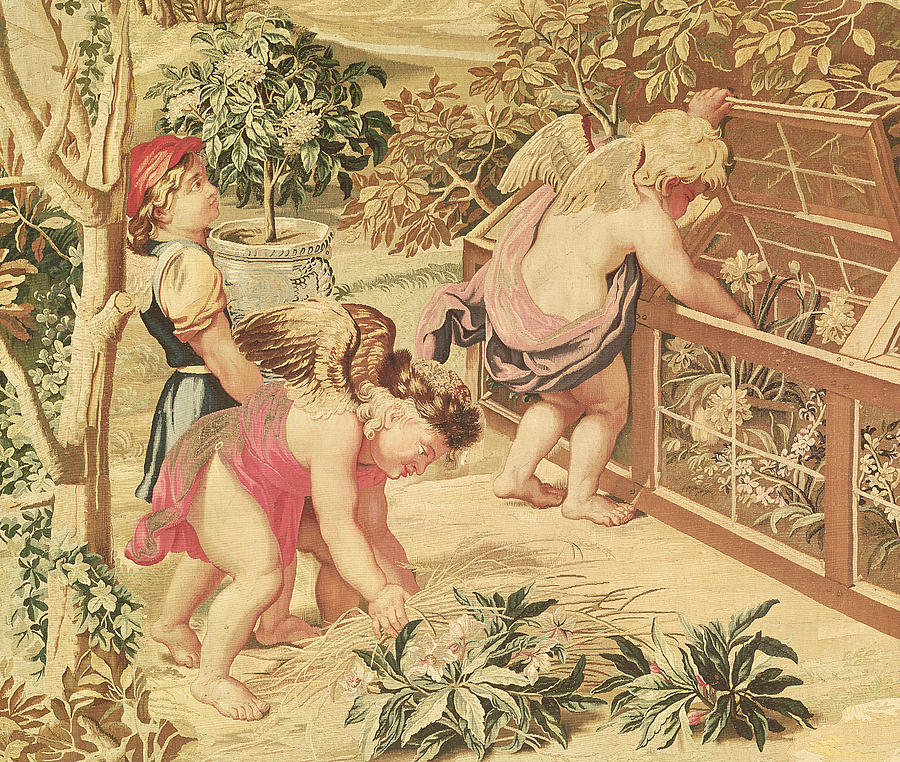 Charles Le Brun Tapestry - Textile - Children Gardening by Charles Le Brun