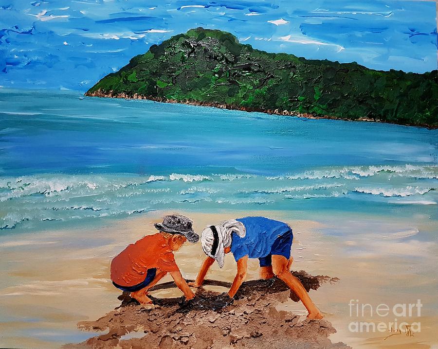 Children have their play on the seashore of worlds Painting by Eli Gross