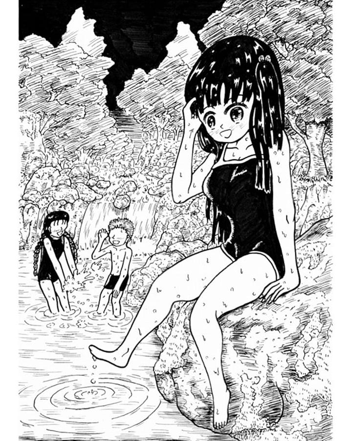 Summer Drawing - Children in a mountain stream by Hisashi Saruta