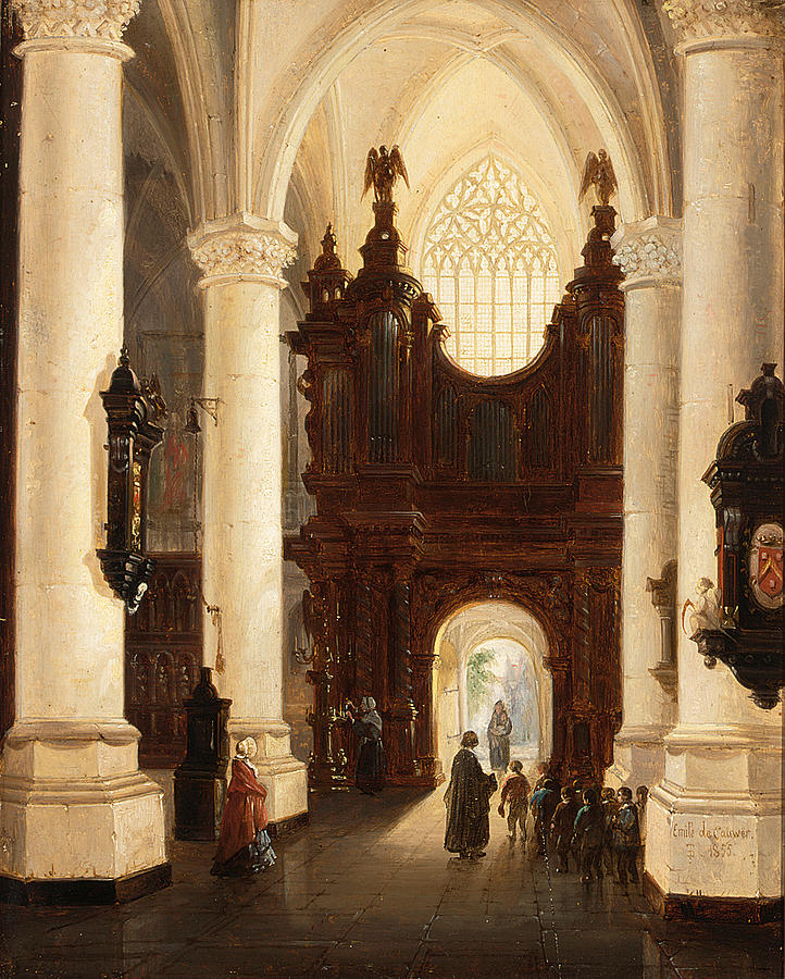 Children leaving a Church after the Mass Painting by Emile Pierre Joseph De Cauwer