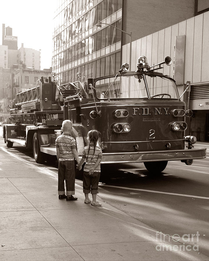 Children Looking At Fire Truck, C.1970s Photograph by H. Armstrong Roberts/ClassicStock