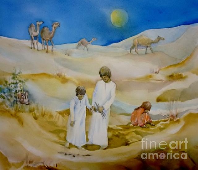 Children playing in desert from the book The Desert Leveret Painting by Donna Acheson-Juillet