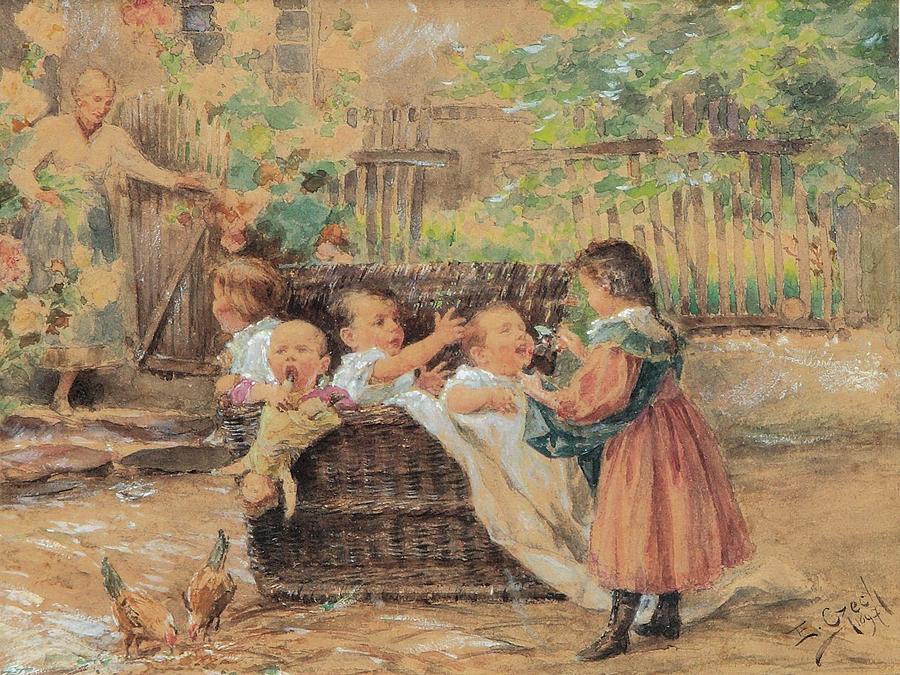 Children playing in the garden Painting by Czech