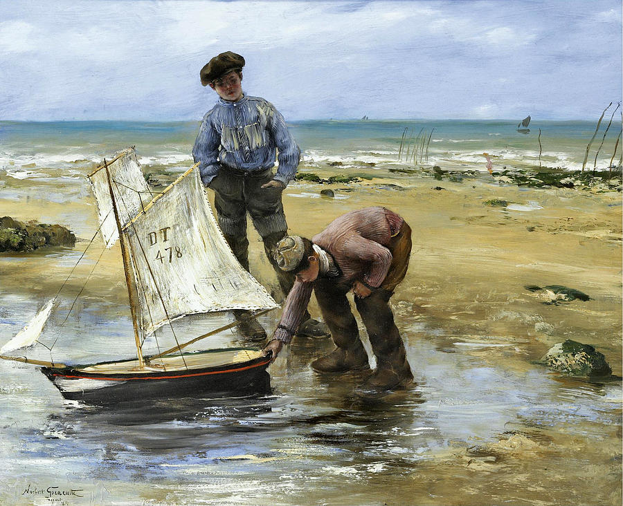 Children Playing On The Beach. Le Treport Painting by Norbert Goeneutte