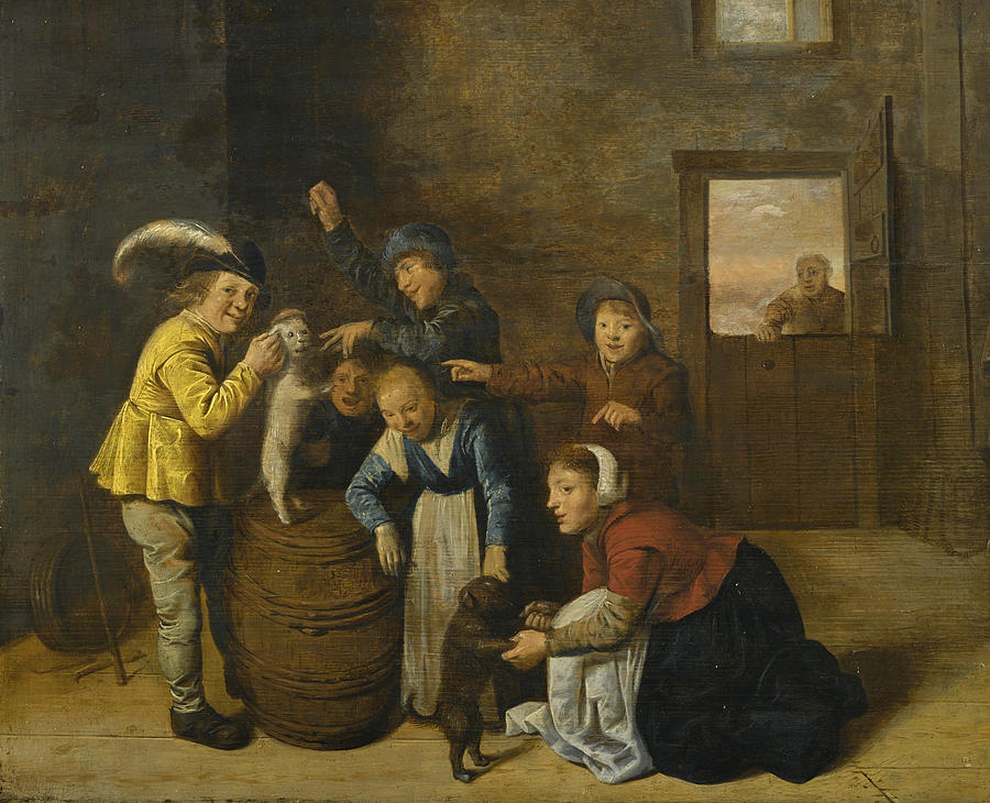 Children playing with Dogs in an Interior Painting by Jan Miense Molenaer