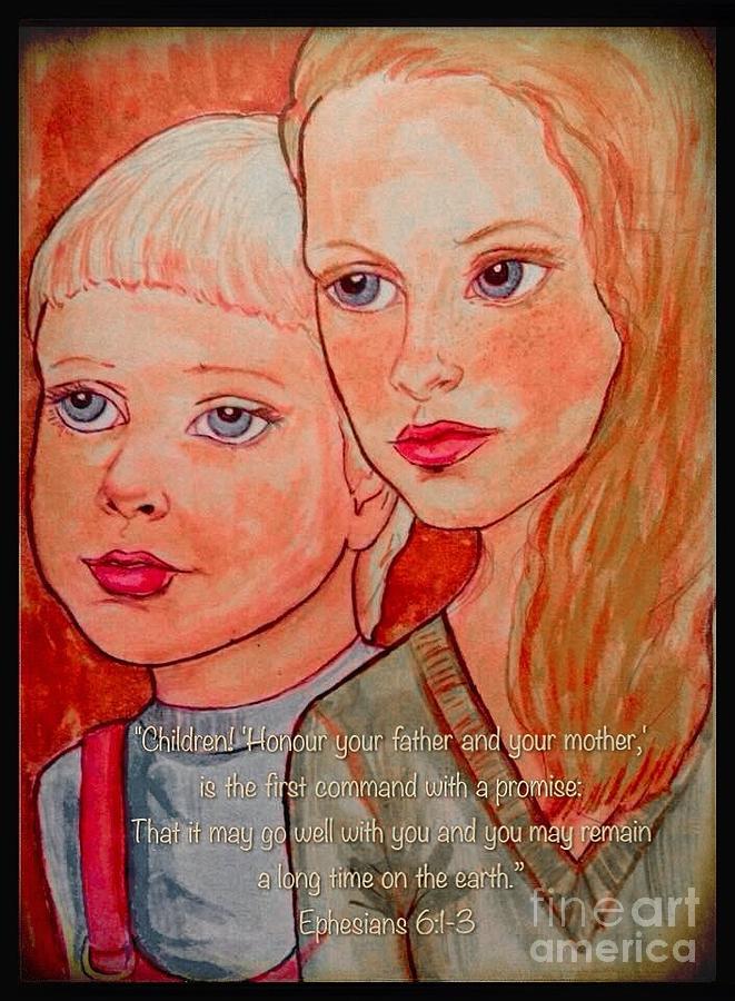 Children Portrait with Scripture Painting by Joan-Violet Stretch