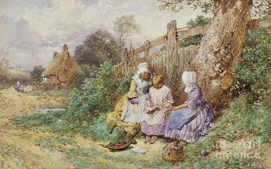Children Reading Beside a Country Lane Painting by Myles Birket Foster