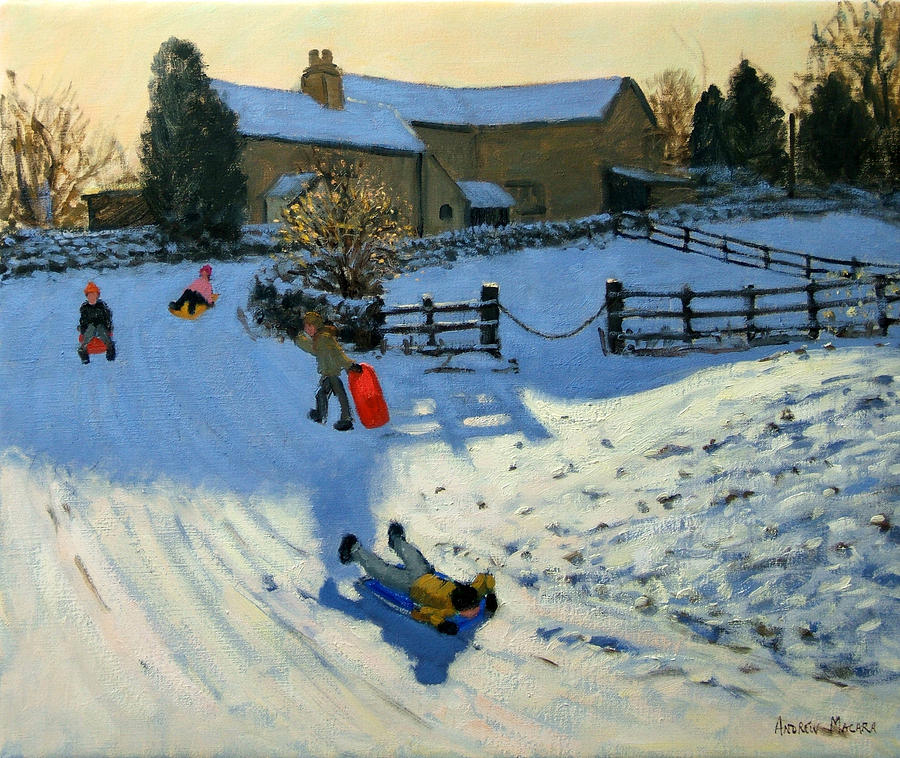 Winter Painting - Children Sledging by Andrew Macara