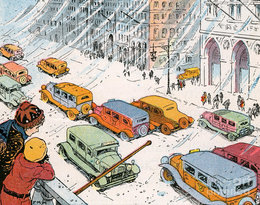 Car Drawing - Children Watching City Traffic in a Snowstorm by American School