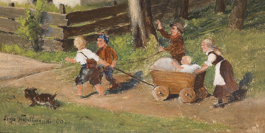 Children with Cart Young Painting by Hugo Kauffmann