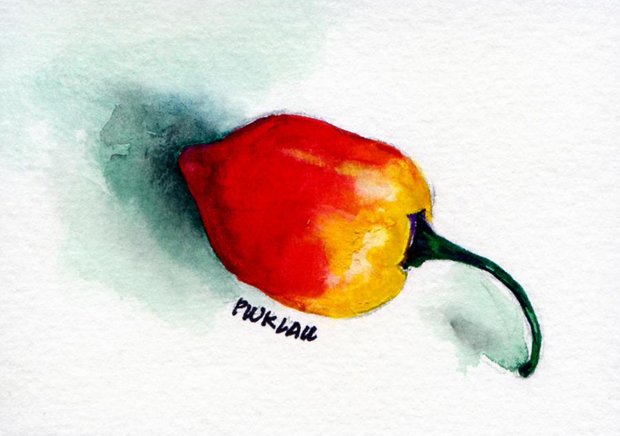 Still Life Painting - Chili Pepper Yellow Orange 5 - 2.5 x 3.5 in watercolor by Peter Lau