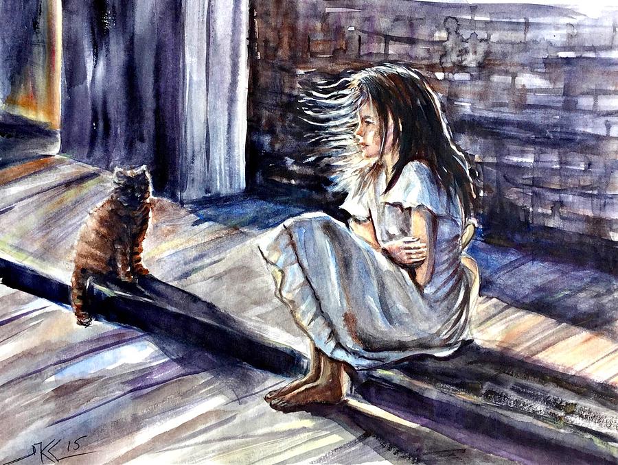 Cat Painting - Chilling night by Katerina Kovatcheva