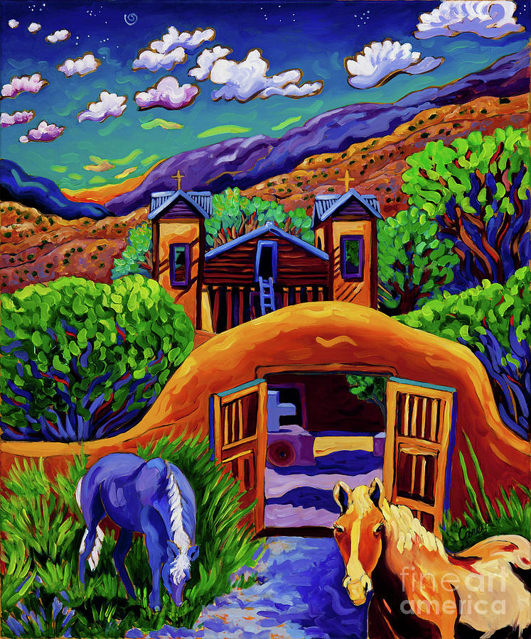 Chimayo Horses Golden Hour Painting by Cathy Carey