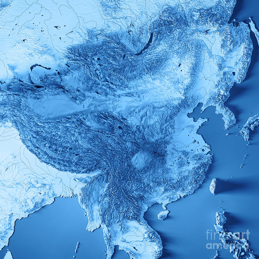China 3d Render Topographic Map Blue Digital Art By Frank Ramspott