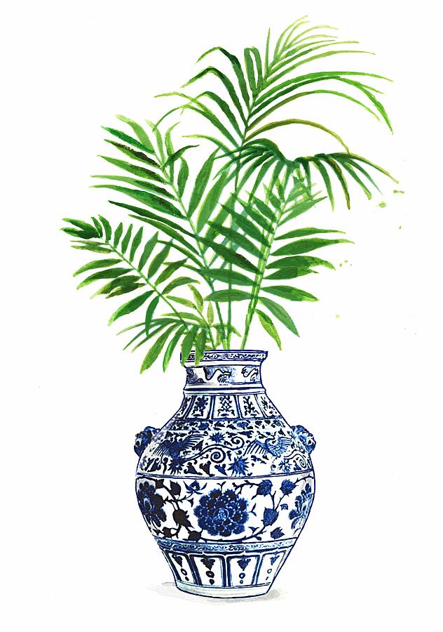 China Blue Painting - China blue vase 2 with palm leaves by Green Palace