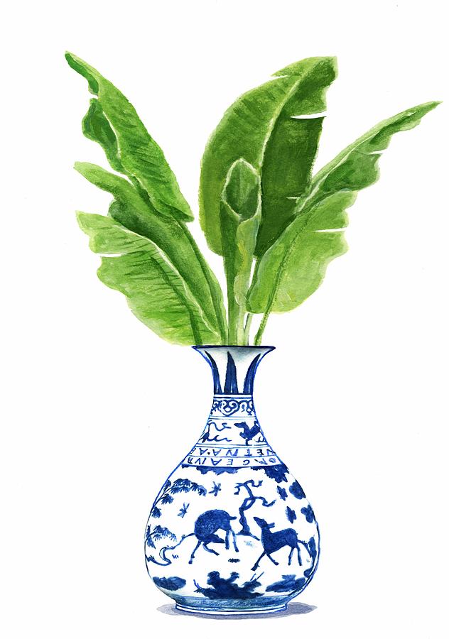 Banana Leaves Painting - China blue vase with banana leaves by Green Palace