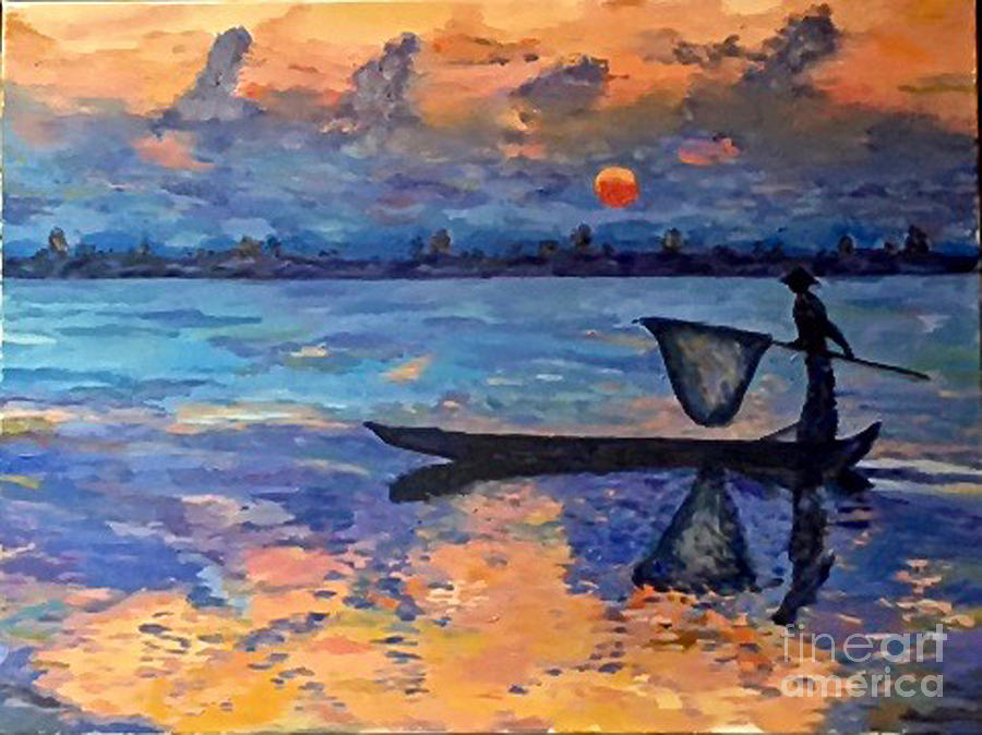 Chindwin Fisherman Painting by Michael Cinnamond