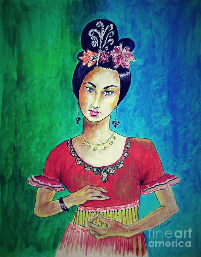 Chinese Dancer -- Vintage Color Painting by Jayne Somogy