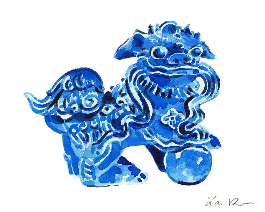 Dog Painting - Chinese Foo Dog - Fu Guardian Lion Blue Ceramic Chinoiserie by Laura Row