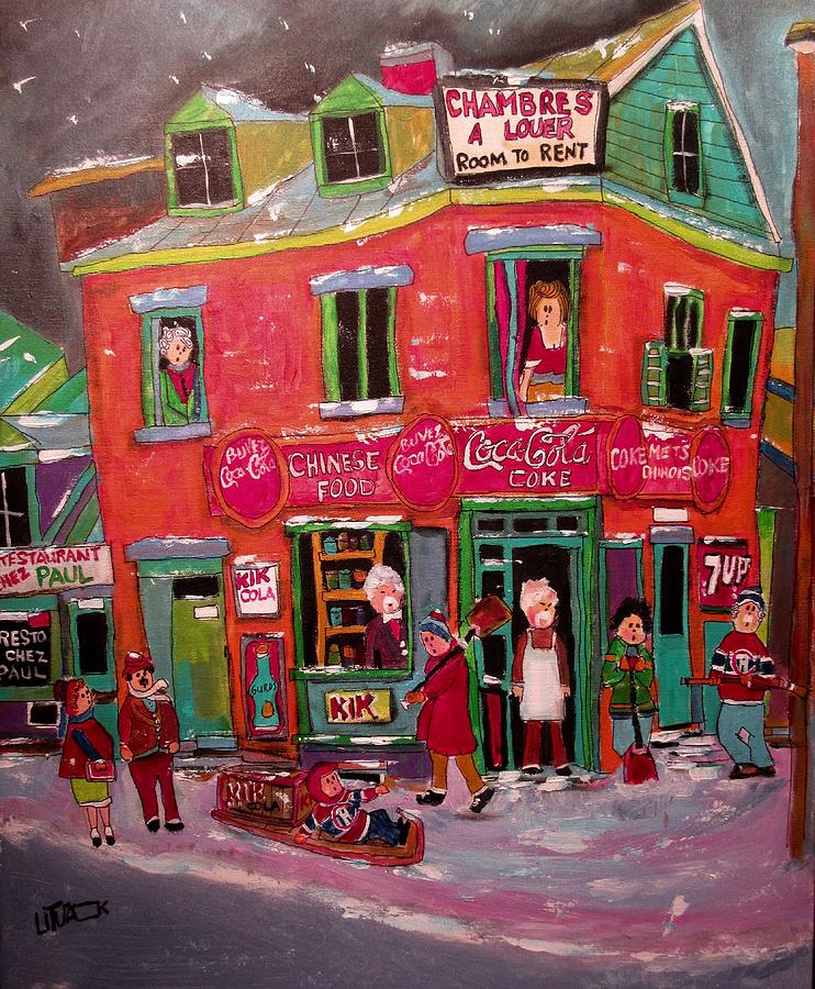 Vintage Chinese Food Corner Store Montreal Painting by Michael Litvack