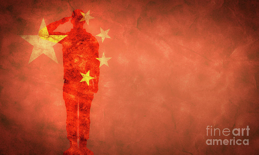 Chinese grunge flag with soldier silhouette. Photograph by Michal Bednarek