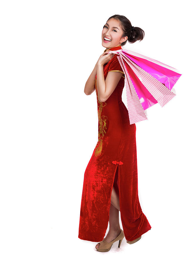 Chinese lady in chinese dress and shopping bag  Photograph by Anek Suwannaphoom