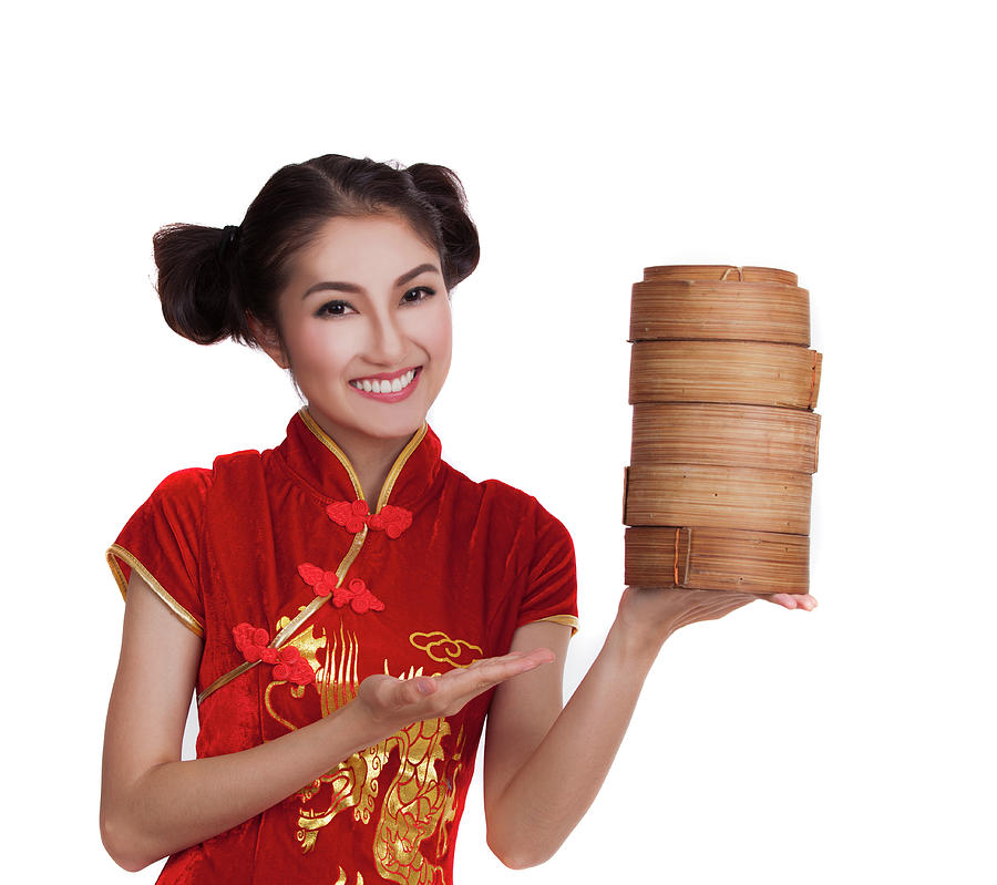 Chinese lady in red chinese dress with dim sum basket Photograph by Anek Suwannaphoom
