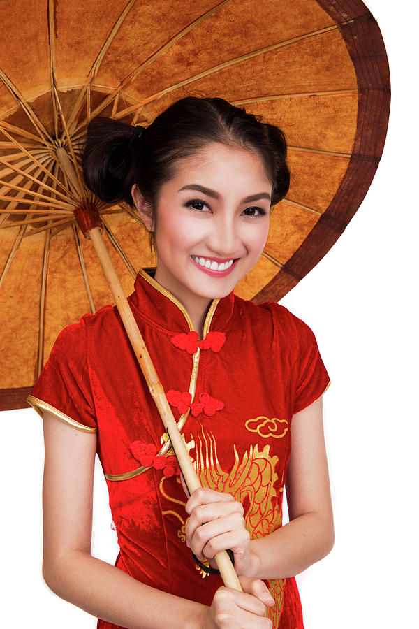 Chinese lady model with old umbrella Photograph by Anek Suwannaphoom