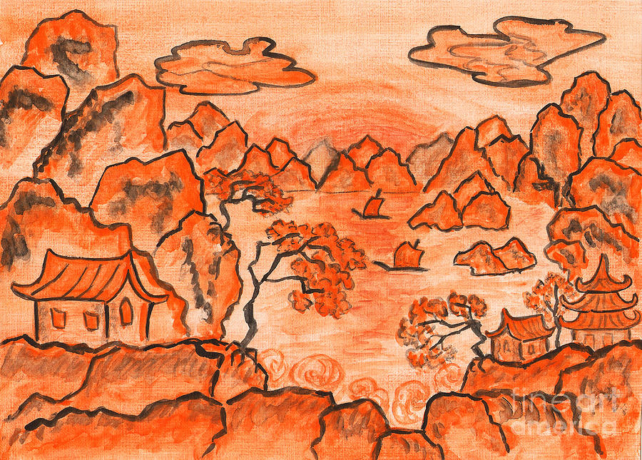 Chinese landscape in orange, painting Painting by Irina Afonskaya