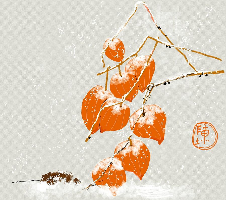 Chinese lantern in Snow Digital Art by Debbi Saccomanno Chan